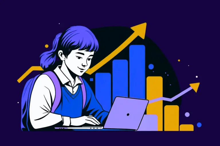 Drawing of a student working on a laptop with an upward trending graph behind her.